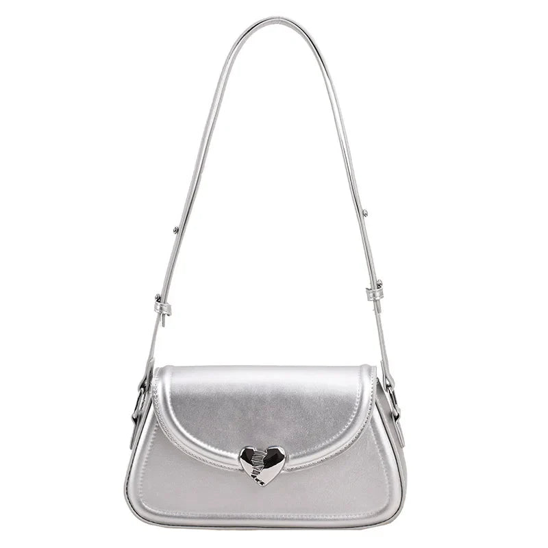 Love buckle Silver Crossbody Shoulder Bags for Women 2023 Y2K Small Purse PU Leather Luxury Brand Female Underarm Bag Handbags