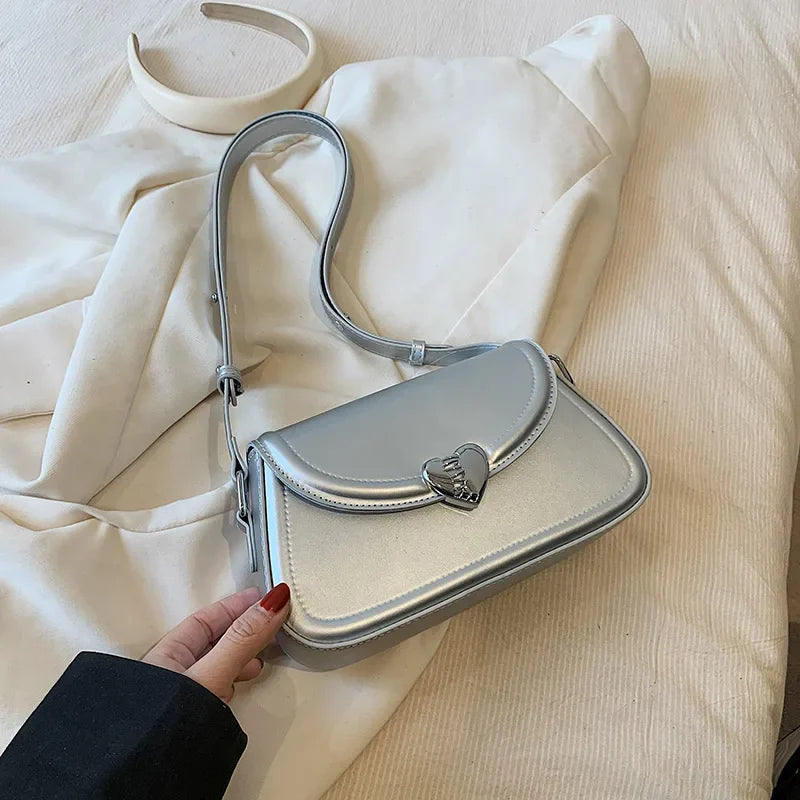 Love buckle Silver Crossbody Shoulder Bags for Women 2023 Y2K Small Purse PU Leather Luxury Brand Female Underarm Bag Handbags