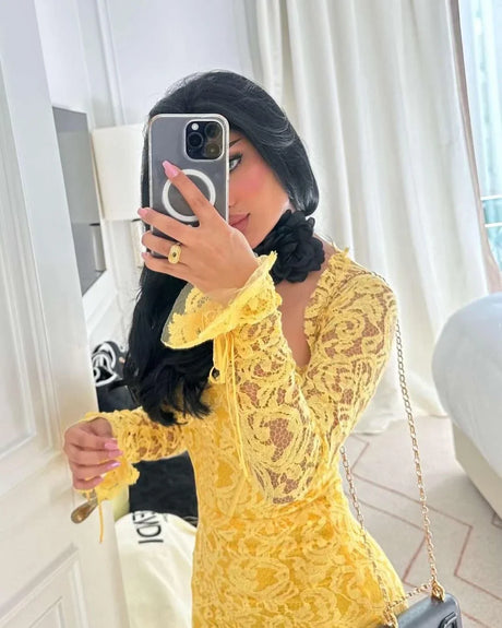 Lovestory Yellow Lace Prom Dresses Sexy Square Neck Cocktail Party Women Wear Long Sleeves Birthday Formal Occasion Gowns