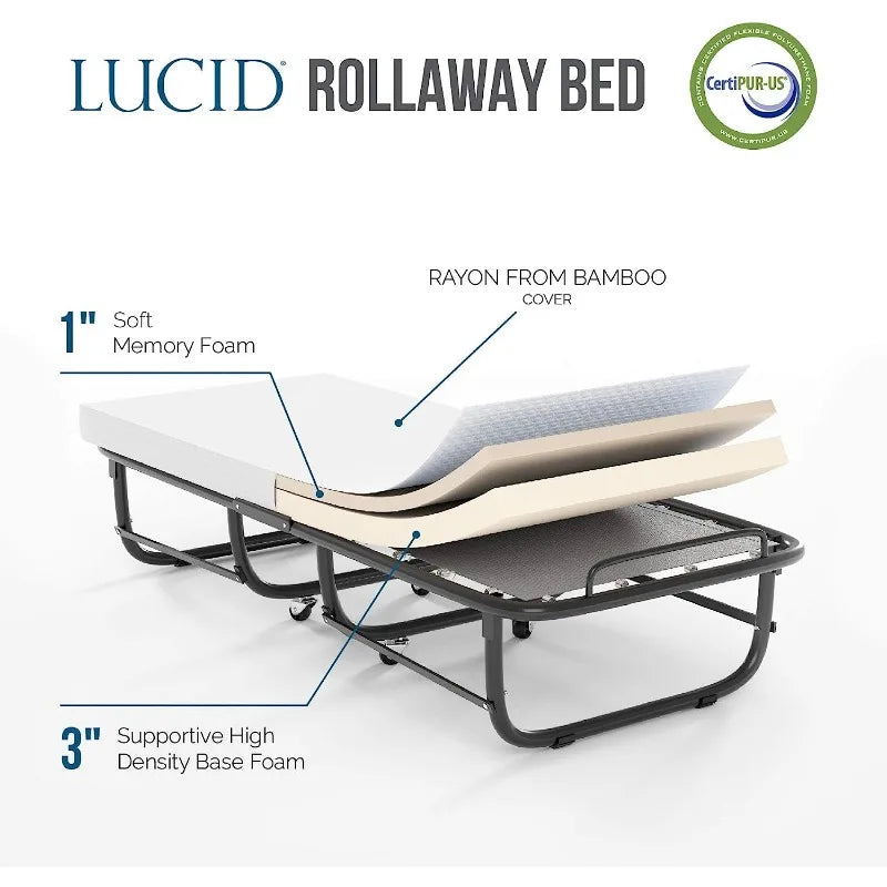 Lucid Rollaway Folding Guest Bed with 4 Inch Memory Foam Mattress- Rolling Cot- Easy Storage-Cot Size Bed