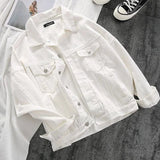 Lucuever White Denim Jacket Women 2024 Autumn Casual Loose Turndown Collar Jean Coats Woman Solid Color All-match Button Jackets