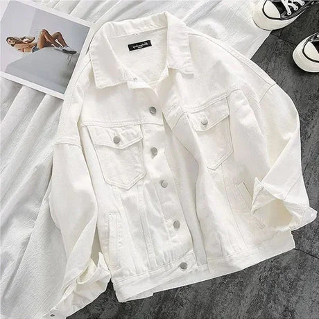 Lucuever White Denim Jacket Women 2024 Autumn Casual Loose Turndown Collar Jean Coats Woman Solid Color All-match Button Jackets