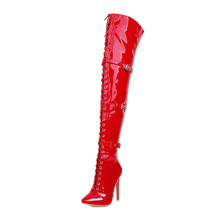 Lucyever Women Sexy Cross Tied Thigh High Boots Pointed Toe Thin High Heels Over The Knee Boots Patent Leather Shoes Woman 33-46