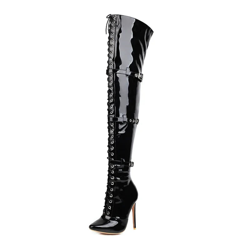 Lucyever Women Sexy Cross Tied Thigh High Boots Pointed Toe Thin High Heels Over The Knee Boots Patent Leather Shoes Woman 33-46