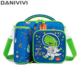 Lunch Box for Kids Cute Space Dinosaur Lunch Bags for Boys with Bottle Pockets Enough Capacity Lancheira Escolar Infantil 2022