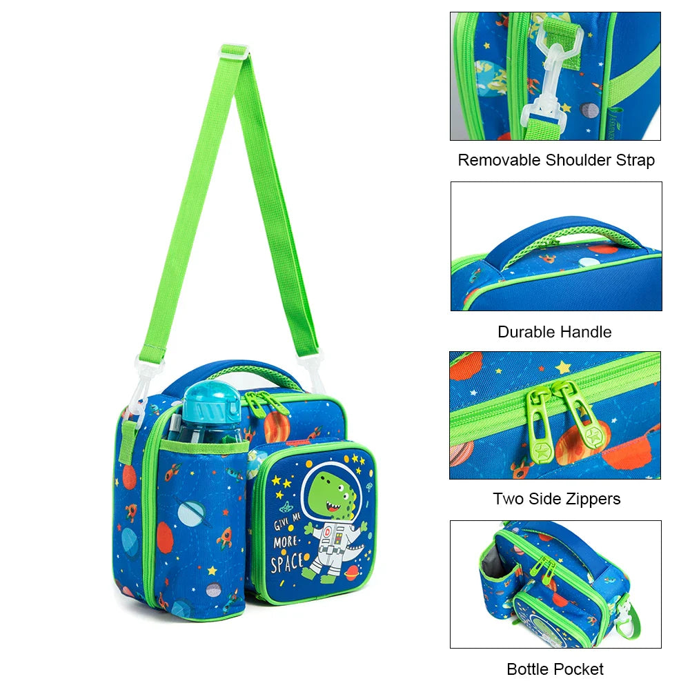 Lunch Box for Kids Cute Space Dinosaur Lunch Bags for Boys with Bottle Pockets Enough Capacity Lancheira Escolar Infantil 2022