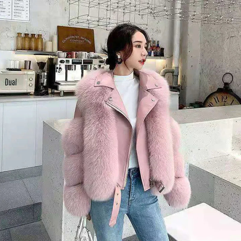 Luxury Faux Fur Leather Jacket For Women Fashion Patchwork Long Sleeve Fluffy Coat Female Elegant Thick Warm Lady Chic Outerwear