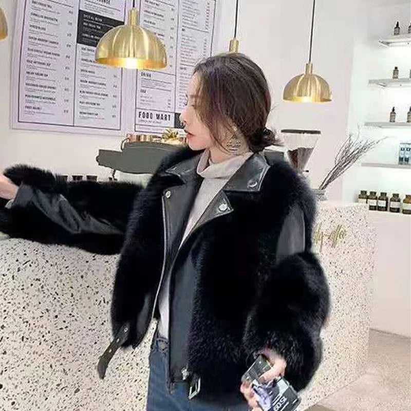 Luxury Faux Fur Leather Jacket For Women Fashion Patchwork Long Sleeve Fluffy Coat Female Elegant Thick Warm Lady Chic Outerwear