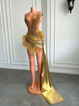 Luxury Gold Diamond Formal Occasion Cocktail Dresses Sheer Sexy See Through Black Girls Feather Short Prom Dresses 2024 Birthday