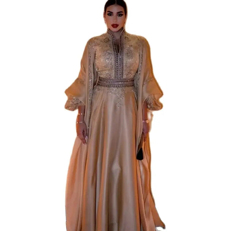 Luxury Golden Arabic Evening Dress 2023 Long Sleeve A Line Beaded Formal Prom Dresses Special Occasion Ladies Party Wear Turkey