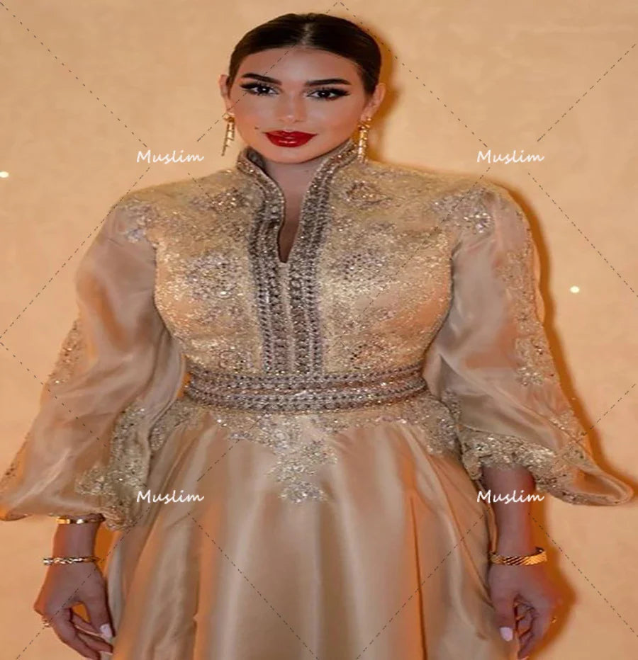 Luxury Golden Arabic Evening Dress 2023 Long Sleeve A Line Beaded Formal Prom Dresses Special Occasion Ladies Party Wear Turkey