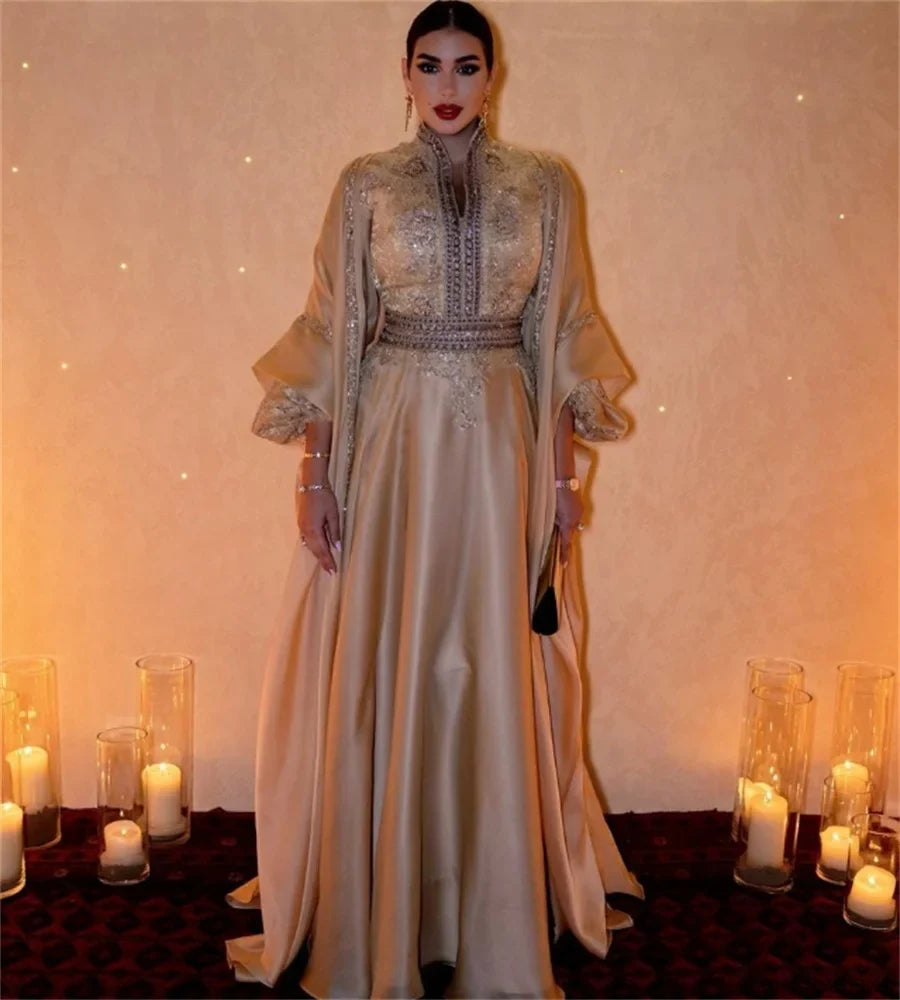 Luxury Golden Arabic Evening Dress 2023 Long Sleeve A Line Beaded Formal Prom Dresses Special Occasion Ladies Party Wear Turkey