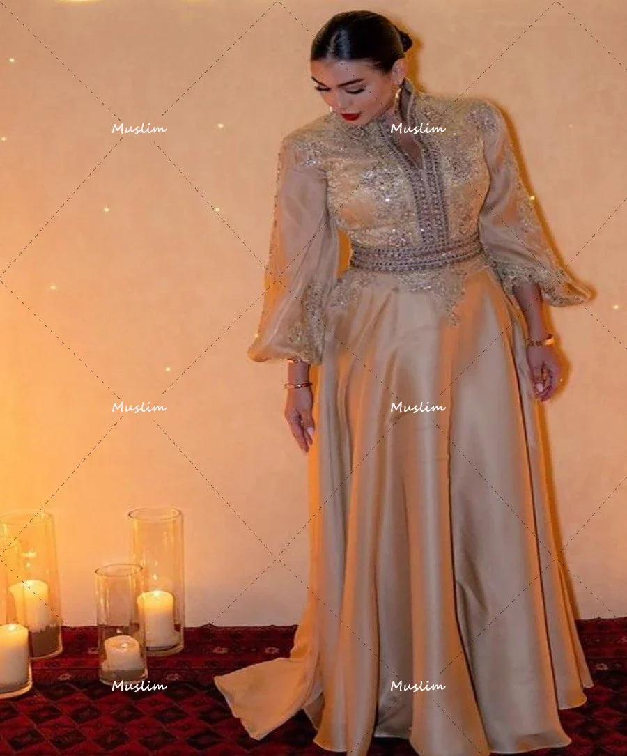 Luxury Golden Arabic Evening Dress 2023 Long Sleeve A Line Beaded Formal Prom Dresses Special Occasion Ladies Party Wear Turkey