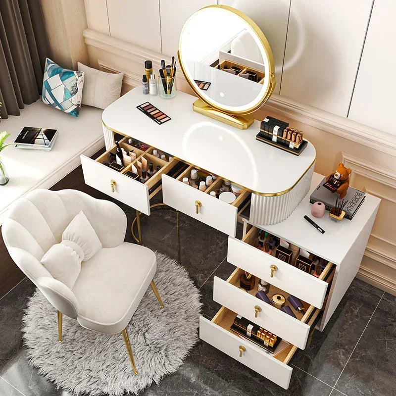 Luxury Laden Dressing Table Mirror Led Wood Mobile Vanity Multifunction Dressing Table Corner Meuble De Chambre Girls Furniture