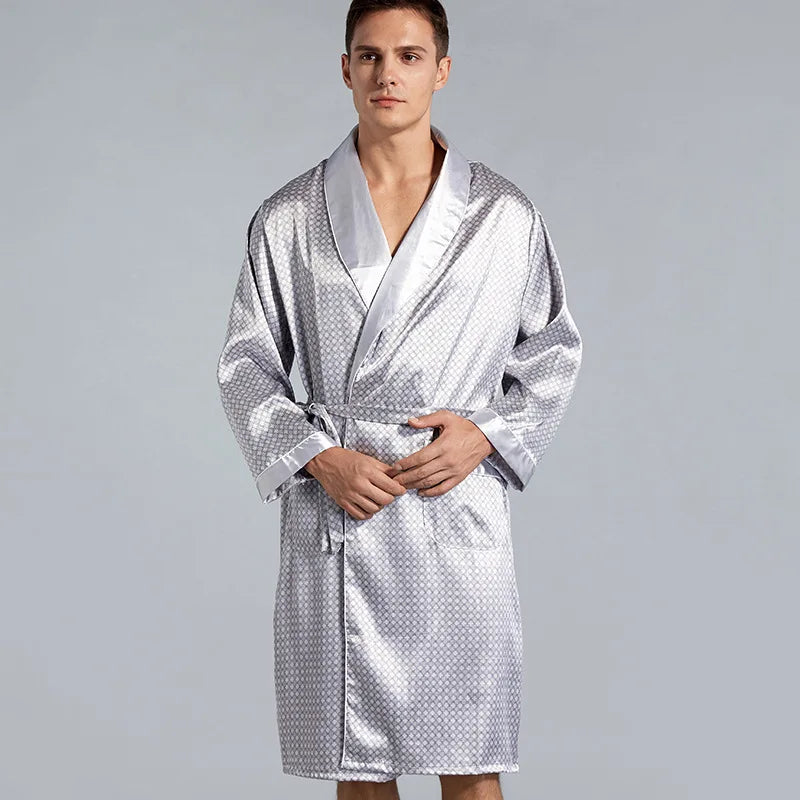 Luxury Men's Silky Satin Kimono Robe 5XL Long Sleeve Sleepwear Bathrobe Oversized Satin Nightgown Summer Home Clothes