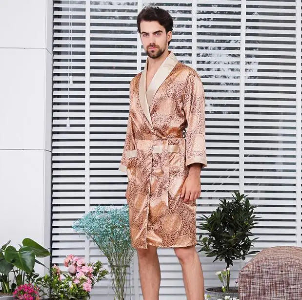 Luxury Men's Silky Satin Kimono Robe 5XL Long Sleeve Sleepwear Bathrobe Oversized Satin Nightgown Summer Home Clothes