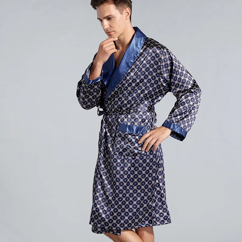 Luxury Men's Silky Satin Kimono Robe 5XL Long Sleeve Sleepwear Bathrobe Oversized Satin Nightgown Summer Home Clothes