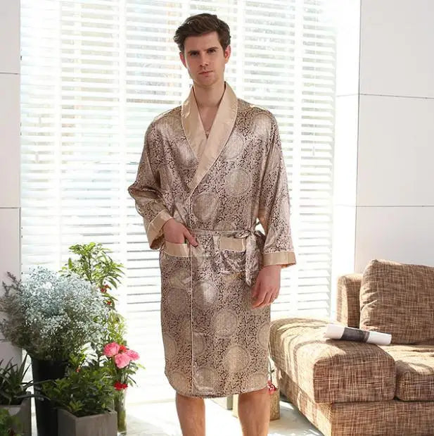 Luxury Men's Silky Satin Kimono Robe 5XL Long Sleeve Sleepwear Bathrobe Oversized Satin Nightgown Summer Home Clothes