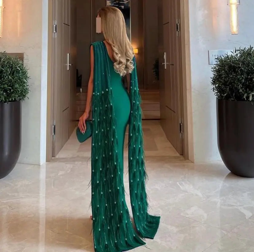 Luxury Mermaid Evening Dresses O-Neck Prom Dresses Feathers Floor Length Saudi Arabia Women's Formal Request Party Wedding