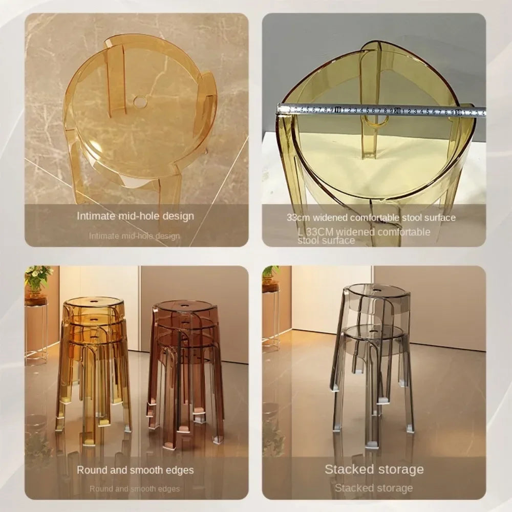 Luxury Plastic Transparent Stool, Household Thickened Folding Round Stool, Simple Living Room Bench, Dining Chair, Acrylic Chair