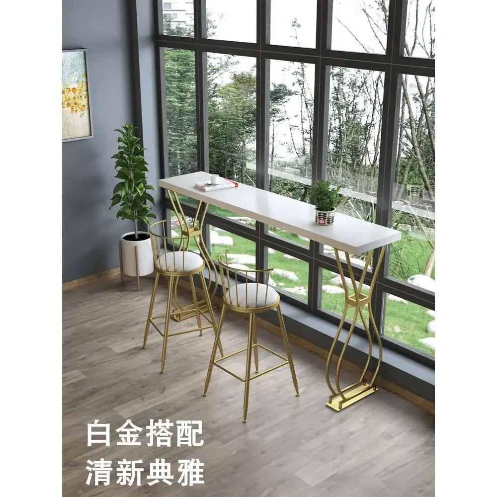 Luxury Solid Wood Bar Table Home Milk Tea Shop Wall Long Table High Table Wrought Iron Chair Combination