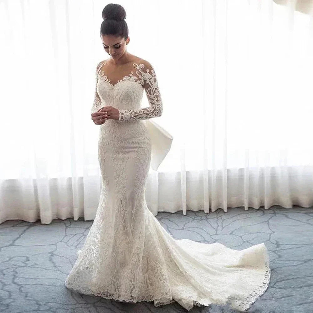 Luxury Women's Lace Wedding Dresses Detachable 2-Piece Set Gorgeous Decal Mermaid Long Sleeve Princess Formal Beach Bride Gowns