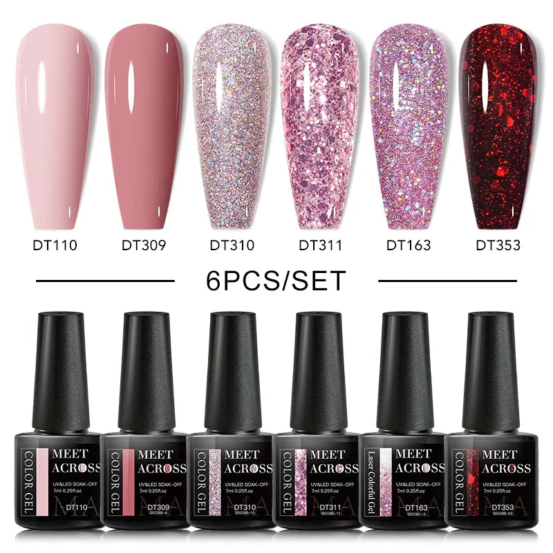 MEET ACROSS 6Pcs/Set Gel Nail Polish Set Nude Pink Semi Permanent Nail Polish Set Kit UV LED Base Top Coat Nail Art For Manicure