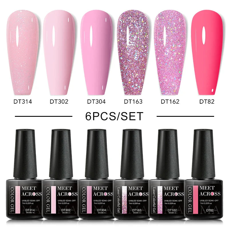 MEET ACROSS 6Pcs/Set Gel Nail Polish Set Nude Pink Semi Permanent Nail Polish Set Kit UV LED Base Top Coat Nail Art For Manicure