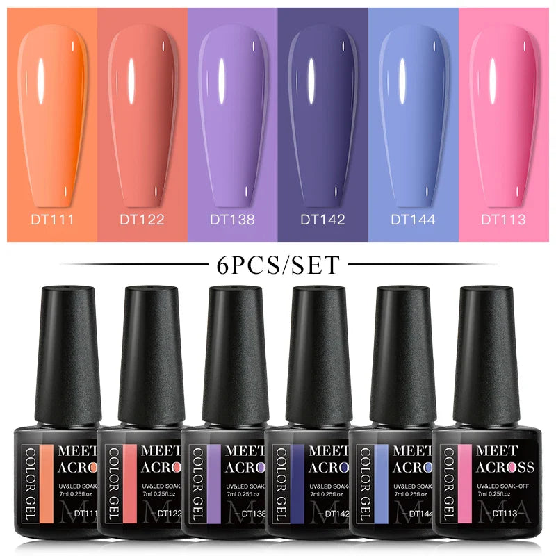 MEET ACROSS 6Pcs/Set Gel Nail Polish Set Nude Pink Semi Permanent Nail Polish Set Kit UV LED Base Top Coat Nail Art For Manicure