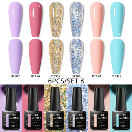 MEET ACROSS 6Pcs/Set Gel Nail Polish Set Nude Pink Semi Permanent Nail Polish Set Kit UV LED Base Top Coat Nail Art For Manicure