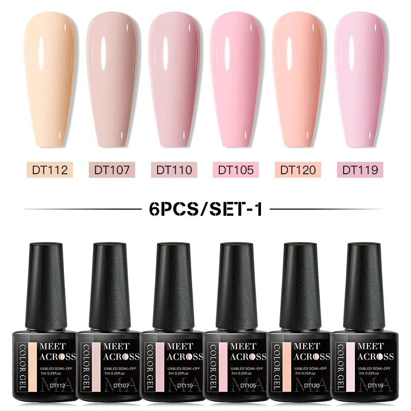 MEET ACROSS 6Pcs/Set Gel Nail Polish Set Nude Pink Semi Permanent Nail Polish Set Kit UV LED Base Top Coat Nail Art For Manicure