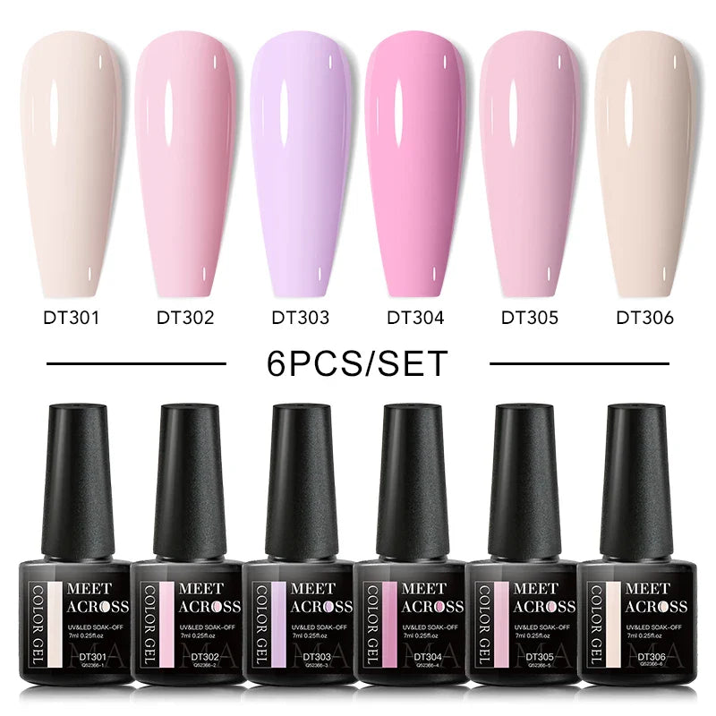 MEET ACROSS 6Pcs/Set Gel Nail Polish Set Nude Pink Semi Permanent Nail Polish Set Kit UV LED Base Top Coat Nail Art For Manicure