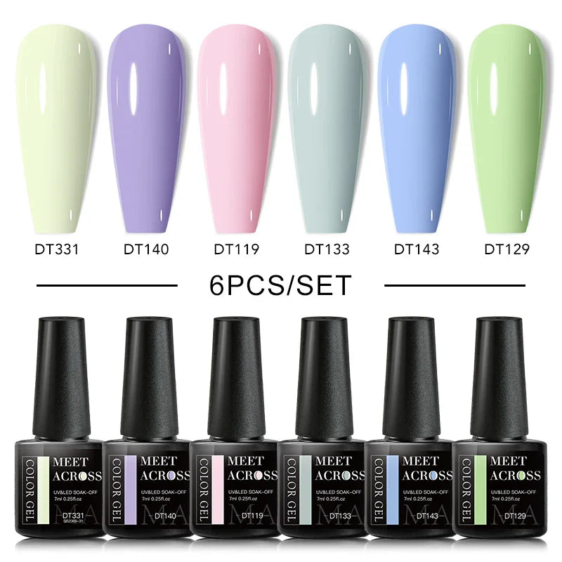 MEET ACROSS 6Pcs/Set Gel Nail Polish Set Nude Pink Semi Permanent Nail Polish Set Kit UV LED Base Top Coat Nail Art For Manicure