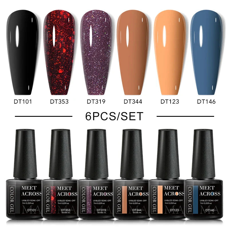 MEET ACROSS 6Pcs/Set Gel Nail Polish Set Nude Pink Semi Permanent Nail Polish Set Kit UV LED Base Top Coat Nail Art For Manicure