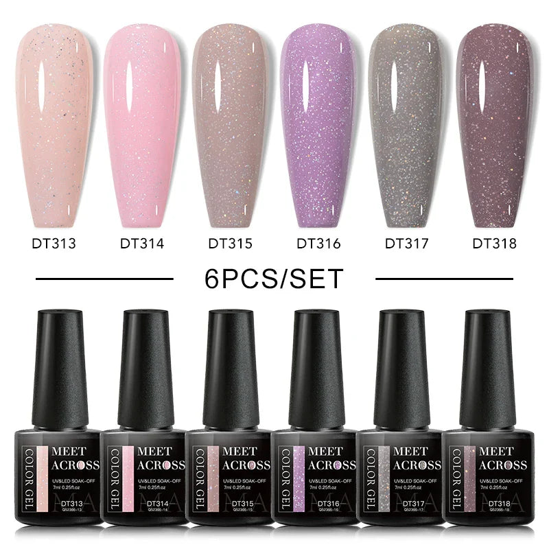 MEET ACROSS 6Pcs/Set Gel Nail Polish Set Nude Pink Semi Permanent Nail Polish Set Kit UV LED Base Top Coat Nail Art For Manicure