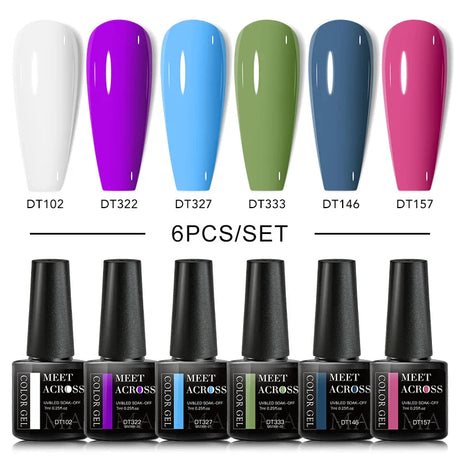 MEET ACROSS 6Pcs/Set Gel Nail Polish Set Nude Pink Semi Permanent Nail Polish Set Kit UV LED Base Top Coat Nail Art For Manicure