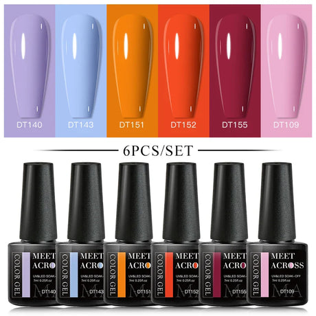 MEET ACROSS 6Pcs/Set Gel Nail Polish Set Nude Pink Semi Permanent Nail Polish Set Kit UV LED Base Top Coat Nail Art For Manicure