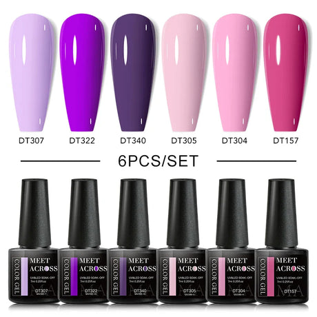 MEET ACROSS 6Pcs/Set Gel Nail Polish Set Nude Pink Semi Permanent Nail Polish Set Kit UV LED Base Top Coat Nail Art For Manicure