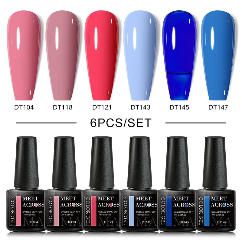 MEET ACROSS 6Pcs/Set Gel Nail Polish Set Nude Pink Semi Permanent Nail Polish Set Kit UV LED Base Top Coat Nail Art For Manicure