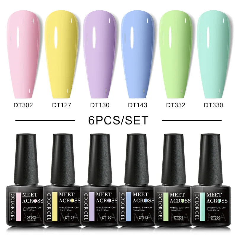 MEET ACROSS 6Pcs/Set Gel Nail Polish Set Nude Pink Semi Permanent Nail Polish Set Kit UV LED Base Top Coat Nail Art For Manicure