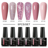 MEET ACROSS 6Pcs/Set Gel Nail Polish Set Nude Pink Semi Permanent Nail Polish Set Kit UV LED Base Top Coat Nail Art For Manicure