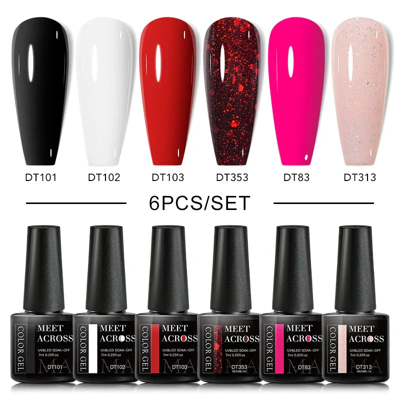 MEET ACROSS 6Pcs/Set Gel Nail Polish Set Nude Pink Semi Permanent Nail Polish Set Kit UV LED Base Top Coat Nail Art For Manicure