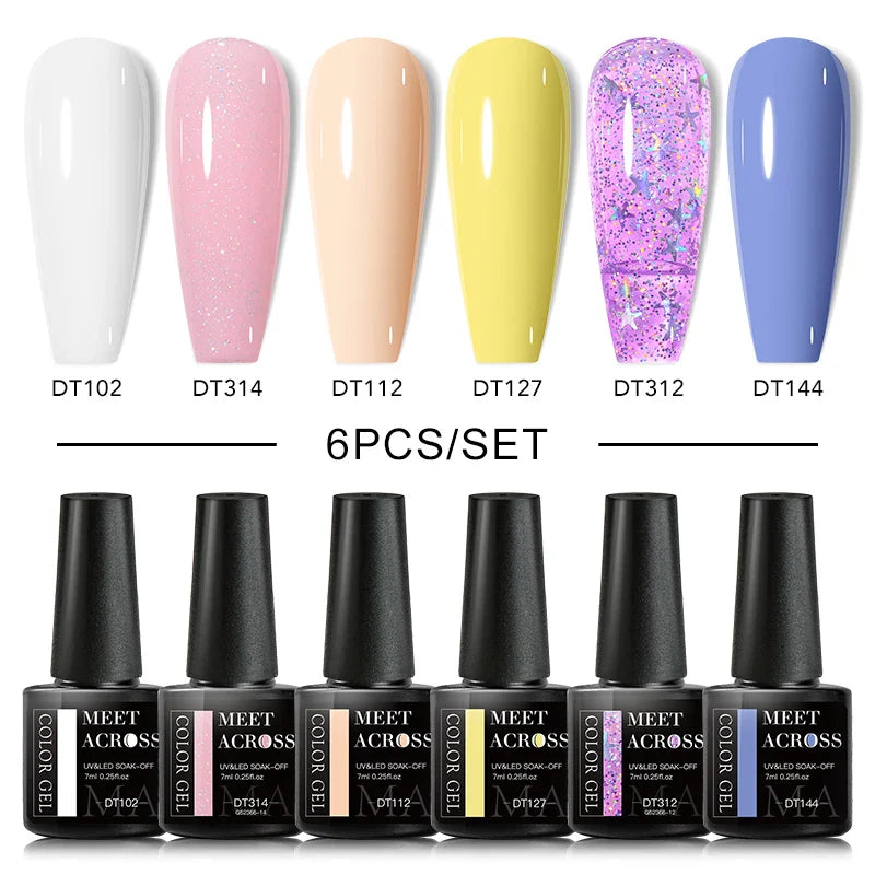 MEET ACROSS 6Pcs/Set Gel Nail Polish Set Nude Pink Semi Permanent Nail Polish Set Kit UV LED Base Top Coat Nail Art For Manicure