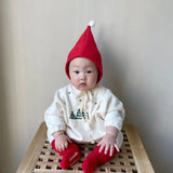 MILANCEL Christmas Baby Bodysuit Hat Infant Fleece Lining Christmas Tree Printed One Piece Toddler New Year Clothes