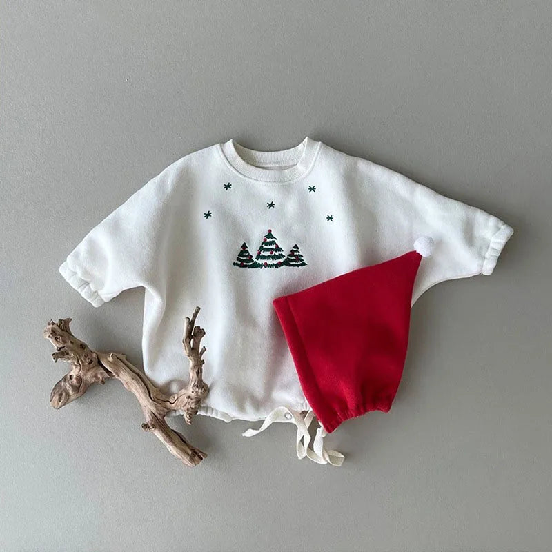 MILANCEL Christmas Baby Bodysuit Hat Infant Fleece Lining Christmas Tree Printed One Piece Toddler New Year Clothes