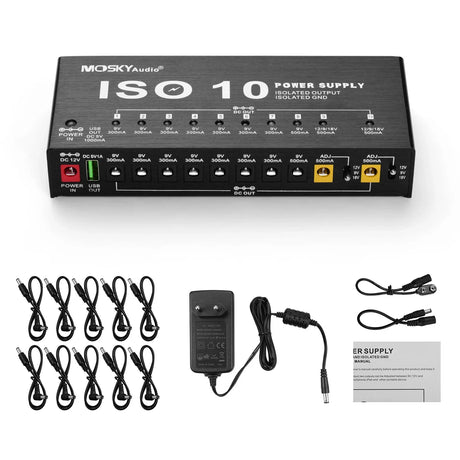 MOSKYAudio ISO-10 Portable Guitar Effect Power Supply Station 10 Isolated DC Outputs USB Output for 9V 12V 18V Guitar Effects