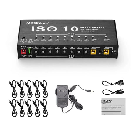 MOSKYAudio ISO-10 Portable Guitar Effect Power Supply Station 10 Isolated DC Outputs USB Output for 9V 12V 18V Guitar Effects