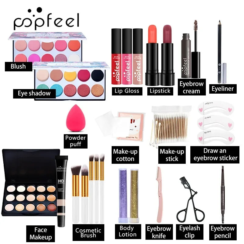 Makeup Kit Full Professional Eyeshadow Lip Gloss Blush Foundation Lip Gloss Lipstick Make Up Set POPFEEL