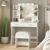 Makeup Vanity with Power Strip,Dressing Table Set with 2 Large Drawers,Vanity Mirror 3 Lighting Color Adjustable,White