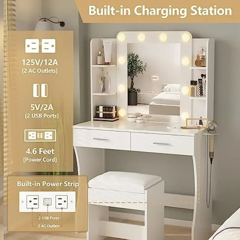 Makeup Vanity with Power Strip,Dressing Table Set with 2 Large Drawers,Vanity Mirror 3 Lighting Color Adjustable,White